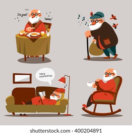 Relaxed old man with white beard in various poses and situations. Portrait of senior expressing positivity and satisfaction. Contented and smiling cartoon man resting at home and go for a walk