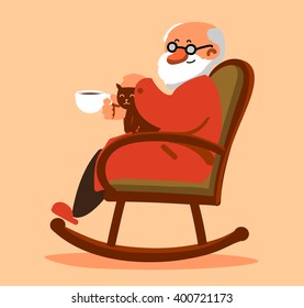 Relaxed old man with white beard sitting in rocking chair and drinking coffee or tea. 