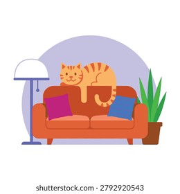 Relaxed orange cat sleeping on couch with colorful pillows and potted plant nearby
