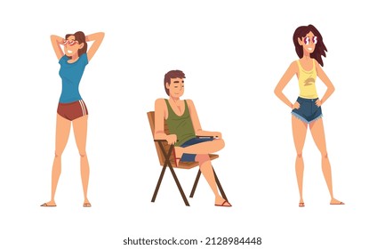 Relaxed People Character in Shorts and Sunglasses Standing and Sitting on Chair Vector Set