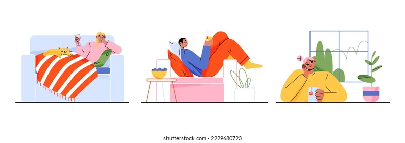 Relaxed people drinking tea and wine, having rest at home. Set of happy flat characters lying on sofa, sitting by window, enjoying hot drink or glass of cocktail. Hygge time. Vector illustration