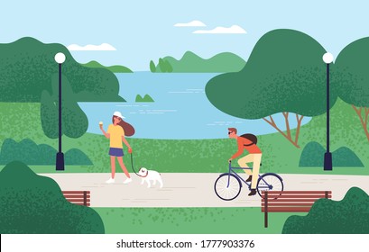 Relaxed people enjoying recreational outdoor activities at summer forest park vector flat illustration. Woman eating ice cream and walking with dog, man riding on bike. Beautiful natural landscape