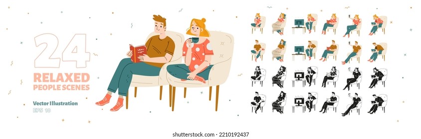 La gente relajada descansa en casa. Hombre y niña sentados en la silla duermen, leen libro, beben café, observen la televisión, usen tableta y tomen selfie en el teléfono móvil, vectorial conjunto dibujado a mano en blanco y negro y en color