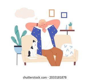 Persona relajada imaginando y soñando con algo agradable. Hombre feliz con los ojos cerrados descansando en casa, pensando y fantaseando. El tipo en sus pensamientos. Ilustración vectorial plana aislada en fondo blanco