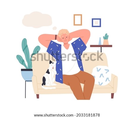 Relaxed person imagining and dreaming of smth pleasant. Happy man with closed eyes resting at home, thinking and fantasizing. Guy in his thoughts. Flat vector illustration isolated on white background