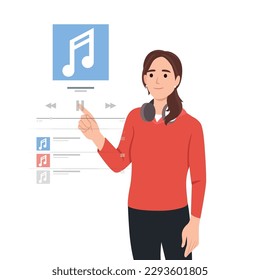 Relaxed person listening to music in headphones. Happy woman enjoying leisure time in bed at home. Female resting in earphones with player. Flat vector illustration isolated on white background