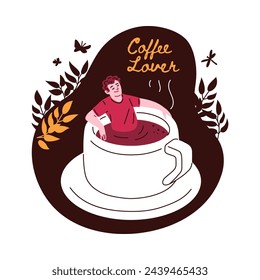 Relaxed person lounging in a coffee cup with Coffee Lover text, vector illustration adorned with leafy accents