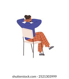 Relaxed person sitting on a chair with hands behind their head, dressed in a blue sweater and plaid pants. Ideal for themes of relaxation, comfort, casual lifestyle, leisure time, and stress-free