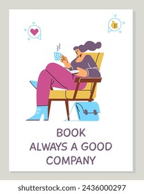 Relaxed reading moment captured in a vector illustration, perfect for promoting the joy of books with the message BOOK ALWAYS A GOOD COMPANY 