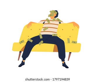 Relaxed rich guy sitting on couch with money covering face and body vector flat illustration. Male millionaire sleeping on sofa surrounded by cash banknotes isolated. Successful man enjoying wealth