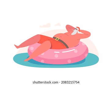 Relaxed Santa Claus Character in Hat Floating Inflatable Ring in Swimming Pool or Ocean. Christmas Vacation, Winter Holidays Tropical Recreation, Travel to Exotic Country. Cartoon Vector Illustration