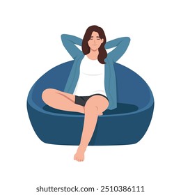 Mujer satisfecha relajada sentada apoyada en el sofá. Ilustración vectorial plana aislada sobre fondo blanco