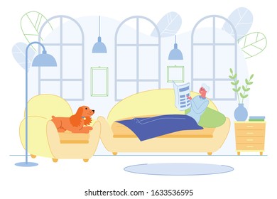 Relaxed Senior Lady Lying on Couch Under Warm Blanket Reading Newspaper in Living Room with Dog Sitting on Armchair. Grandmother Leisure Lifestyle, Spare Time at Home. Cartoon Flat Vector Illustration