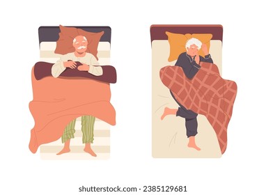 Relaxed senior man and woman cartoon characters sleeping in bed isolated on white background