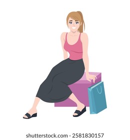 Relaxed Shopper woman sitting on a box next to a shopping bag, enjoying a moment of rest. Flat vector Character Illustration