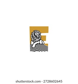 León sentado relajado con la letra E del alfabeto de la postura tranquila. Perfecto para marcas de estilo de vida, identidad premium, logotipos creativos y diseño de Vector moderno con un carácter amigable pero fuerte.