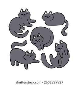 Relaxed Sleeping Black Cats in Various Cartoon Poses illustration art 