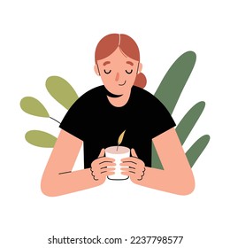 Mujer sonriente relajada sosteniendo velas encendidas, velas perfumadas, aromaterapia casera, concepto de bienestar y alivio del estrés. Ilustración vectorial plana, personaje de dibujos animados