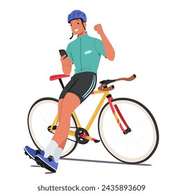 Relaxed Sportsman Cyclist Character Perches On His Bike Frame, Smartphone In Hand, Making A Triumphant Yeah Gesture, Embodying Joy And Satisfaction. Cartoon People Vector Illustration