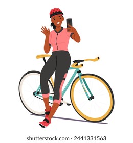 Relaxed Sportswoman Cyclist Female Character Perches On her Bike Frame, Holding Smartphone and Waving Hand, Embodying Joy And Satisfaction. Cartoon People Vector Illustration
