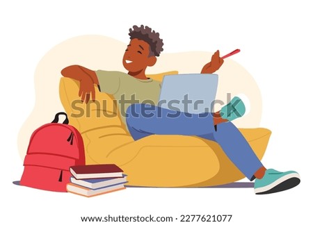 Relaxed Student Male Character Sitting With Laptop And Books on Beanbag during Educational Or E-learning Process. Online Education, Preparation to Exam Concept. Cartoon People Vector Illustration