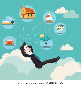 Relaxed and successful  business man relaxing on clouds and dreaming about house, car, yacht, shopping, furniture and holiday vacation. Saving and investing money. Future financial planning concept