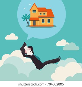 Relaxed and successful business man relaxing on clouds and dreaming about house. Saving and investing money. Future financial planning concept