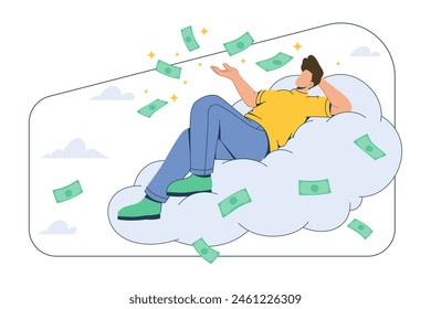 Relajado y exitoso hombre de negocios relajándose en las nubes con dinero. Ahorrar e invertir dinero, Concepto de planificación financiera futura. Ilustración vectorial