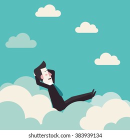 Relaxed and successful happy business man relaxing on clouds.  Break, vacation, coffee time and relaxation vector concept design