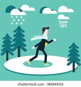 Relaxed and successful happy business man ice-skating in park . Break, holidays time, vacation, recreation, travel and relaxation vector concept design. Funny winter landscape background