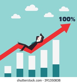 Relaxed, successful and smiling business man lying on a graph going up. Success, idea and business strategy concept vector design. Can be used for web design, animation and promotional materials.