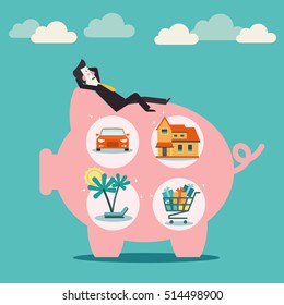 Relaxed, Successful, Smiling Businessman Lying On A Piggy Bank And Dreams About House, Car, Holiday Vacation And Shopping. Saving And Investing Money. Future Financial Planning Concept