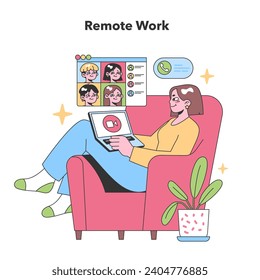 A relaxed telecommuter participates in a virtual team meeting from the comfort of home, epitomizing modern remote work. Flat vector illustration.