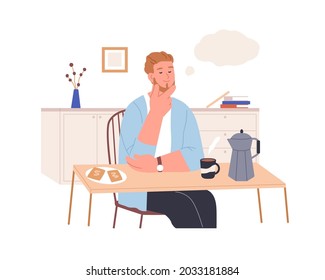 Relaxed thoughtful person imagining and dreaming of smth pleasant at home kitchen. Happy man resting in his thoughts, thinking and fantasizing. Flat vector illustration isolated on white background
