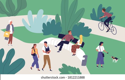 Pequeñas personas relajadas disfrutando de actividades recreativas al aire libre de verano vector ilustración plana. Hombre, mujer, pareja y familia caminando, hablando, montando en bicicleta, pasando tiempo juntos en un parque urbano