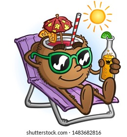 A relaxed tropical coconut drink cartoon character wearing sunglasses and drinking a beer on a sunny vacation