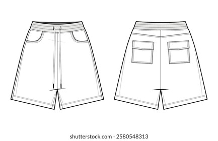 Relaxed Utility Shorts Technical Fashion Illustration. Drawstring Shorts Vector Template. Front and Back View. Elastic Waistband. Functional Front and Back Pockets. Casual Streetwear. CAD Mockup set.