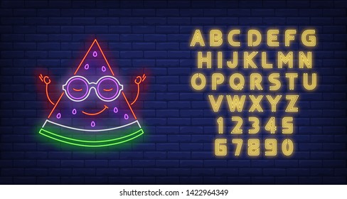 Relaxed watermelon slice character in sunglasses neon sign. Tourism, vacation, travel, summer design. Night bright neon sign, colorful billboard, light banner. Vector illustration in neon style.
