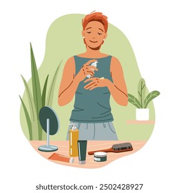 Relaxed woman applying hand cream at dressing table flat color vector illustration. Short haired female caring about skin concept icon on white