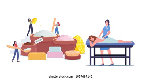 Relaxed Woman Applying Peeling Massage or Salt Scrub in Spa Salon. Tiny Female Characters Making Beauty Product of Natural Sea Salt, Lemon Juice and Aroma Oils. Cartoon People Vector Illustration