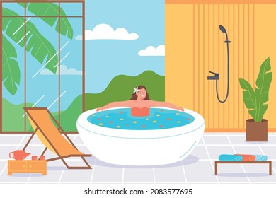 Relaxed woman bathing in spa tub with flower petals in spacious room with shower lounge and panoramic window flat vector illustration