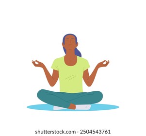 Relaxed woman cartoon character meditating opening heart to love, forgiveness and gratitude