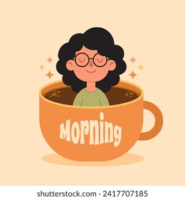 Relaxed woman cartoon in coffee cup, perfect for cheerful morning-themed designs and breakfast promotions.