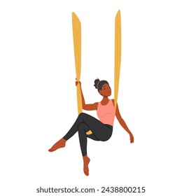 Personaje De Mujer Relajada Realiza Con Gracia Yoga Aéreo, Suspendido En El Aire En Una Hamaca De Seda, Su Cuerpo Elegantemente Contorneado En Una Posada Serena, Mezclando Fuerza Y Flexibilidad. Ilustración vectorial