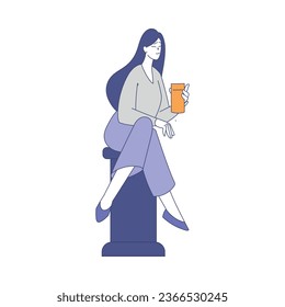 Relaxed Woman Character Sitting in the Park with Drink in Hands Vector Illustration