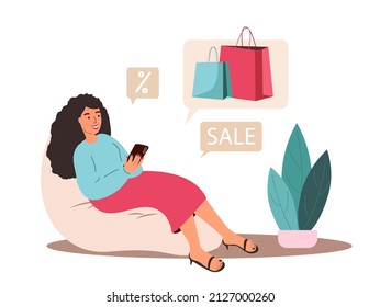 Relaxed woman doing shopping online with mobile phone, buying clothes on sale. Buyer using smartphone, making purchases through internet at home. Flat vector illustration isolated on white background