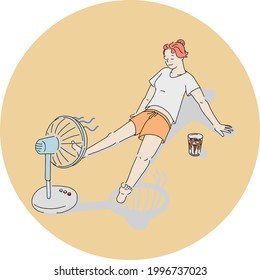 A relaxed woman drinking coffee and getting a fan.