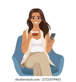 Entspannte Frau trinken Tee und mit dem Smartphone. Flache Vektorgrafik