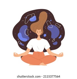Relaxed woman during deep spiritual meditation. Peaceful person in zen yoga position, meditating. Enlightenment, awareness and harmony concept. Flat vector illustration isolated on white background
