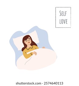 Relaxed woman embracing self love in cozy bed setting for serenity concept design.